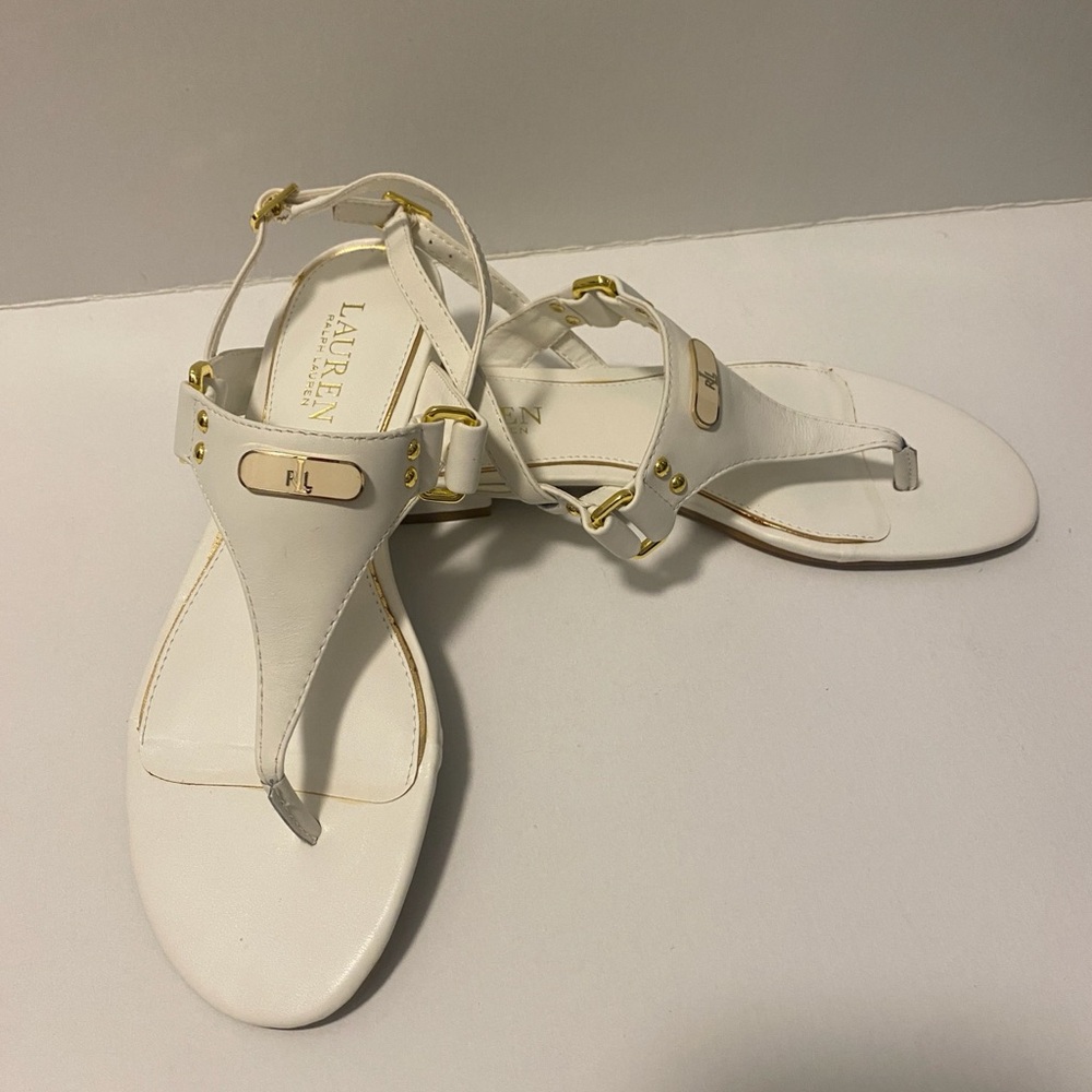 Lauren Ralph Lauren White Sandals T-Strap Flat Leather White New Size 7.5